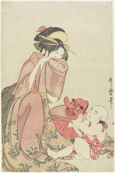 Mujer jugando con un niño con una máscara de Tengu, 1795-1802 de Kitagawa Utamaro